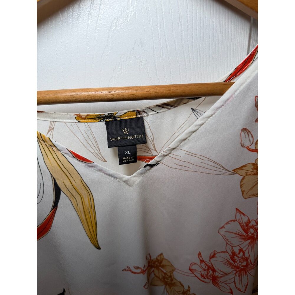 Worthington XL Floral Flutter Sleeve Blouse Ivory V Neck Women's Top - Picture 4 of 4